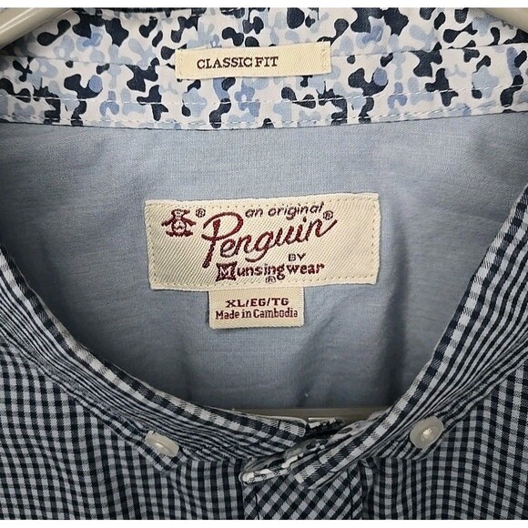 Penguin Munsingwear Short Sleeve Button Shirt Checkered, Blue, Sz Youth XL - Picture 7 of 9